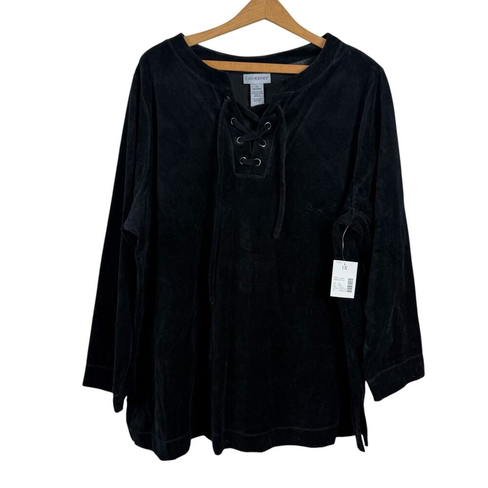 Catherines Womens Velour Top Size 1X Black Lace Up Comfy Boho Grunge Winter
